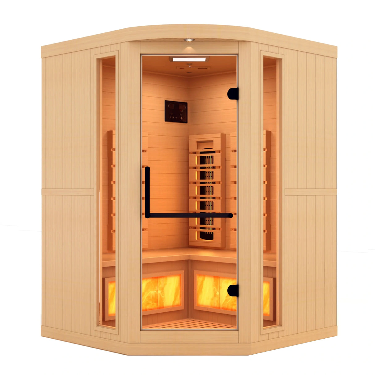 Golden Designs 2025 Reserve Edition full spectrum infrared corner model sauna with a 2 person capacity and built in himalayan salt bar