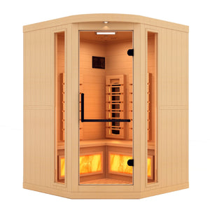 Golden Designs 2025 Reserve Edition full spectrum infrared corner model sauna with a 2 person capacity and built in himalayan salt bar
