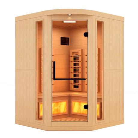 Golden Designs 2025 Reserve Edition full spectrum infrared corner model sauna with a 2 person capacity and built in himalayan salt bar