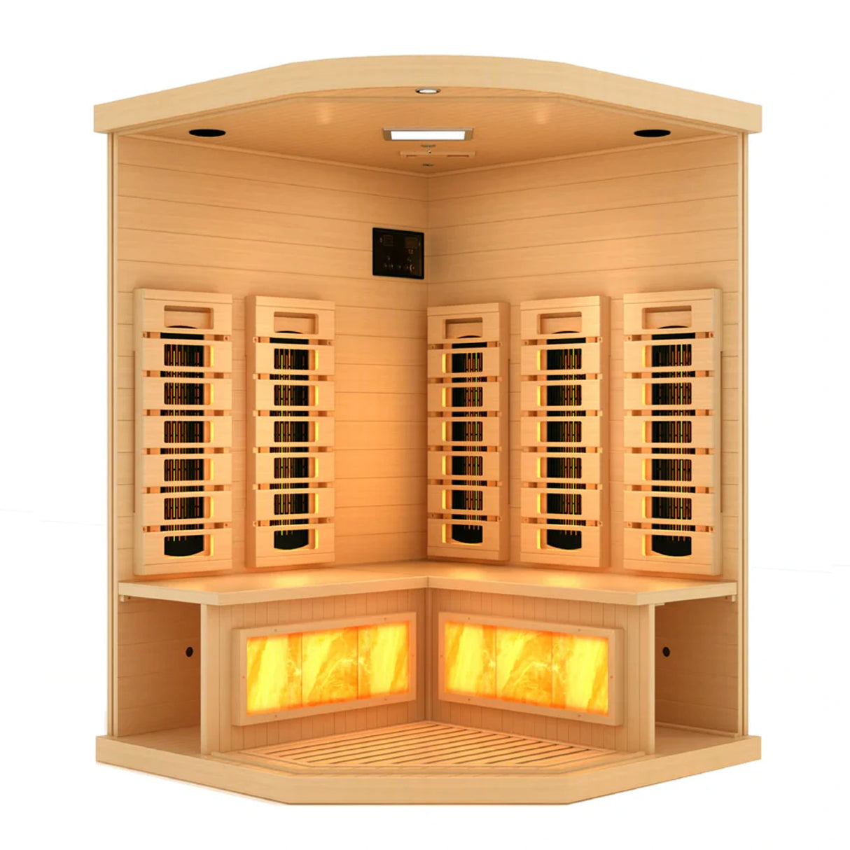 Golden Designs 2025 Reserve Edition full spectrum infrared corner model sauna with a 2 person capacity and built in himalayan salt bar