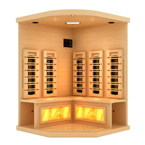 Golden Designs 2025 Reserve Edition full spectrum infrared corner model sauna with a 2 person capacity and built in himalayan salt bar