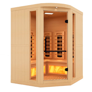 Golden Designs 2025 Reserve Edition full spectrum infrared corner model sauna with a 2 person capacity and built in himalayan salt bar
