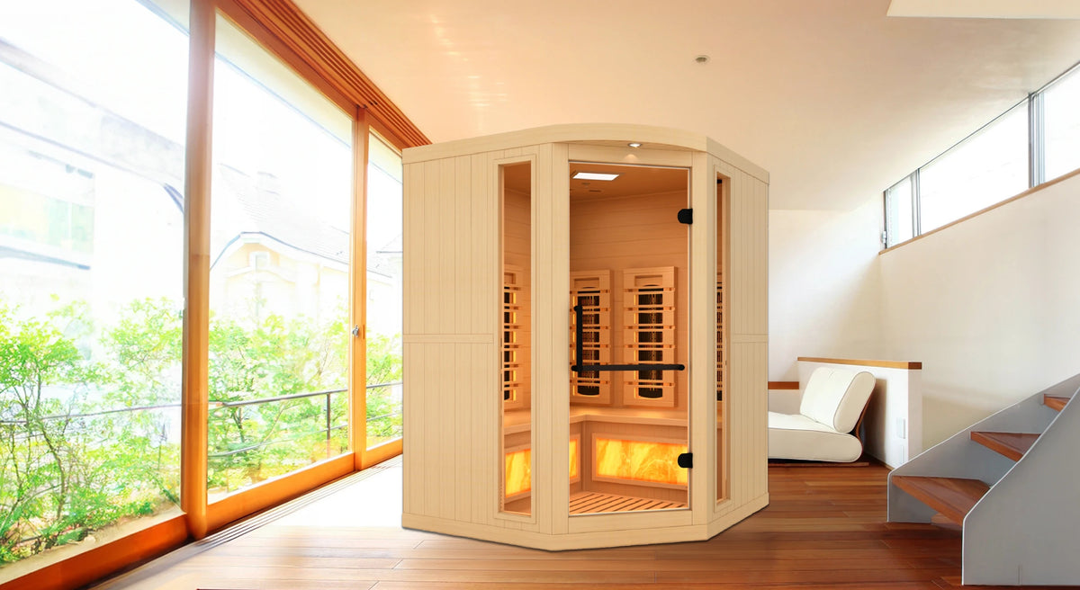 Golden Designs 2025 Reserve Edition full spectrum infrared corner model sauna with a 2 person capacity and built in himalayan salt bar inside of a living room