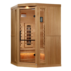Golden Designs 2025 Reserve Edition full spectrum infrared corner model sauna with a 2 person capacity and built in Himalayan salt bar
