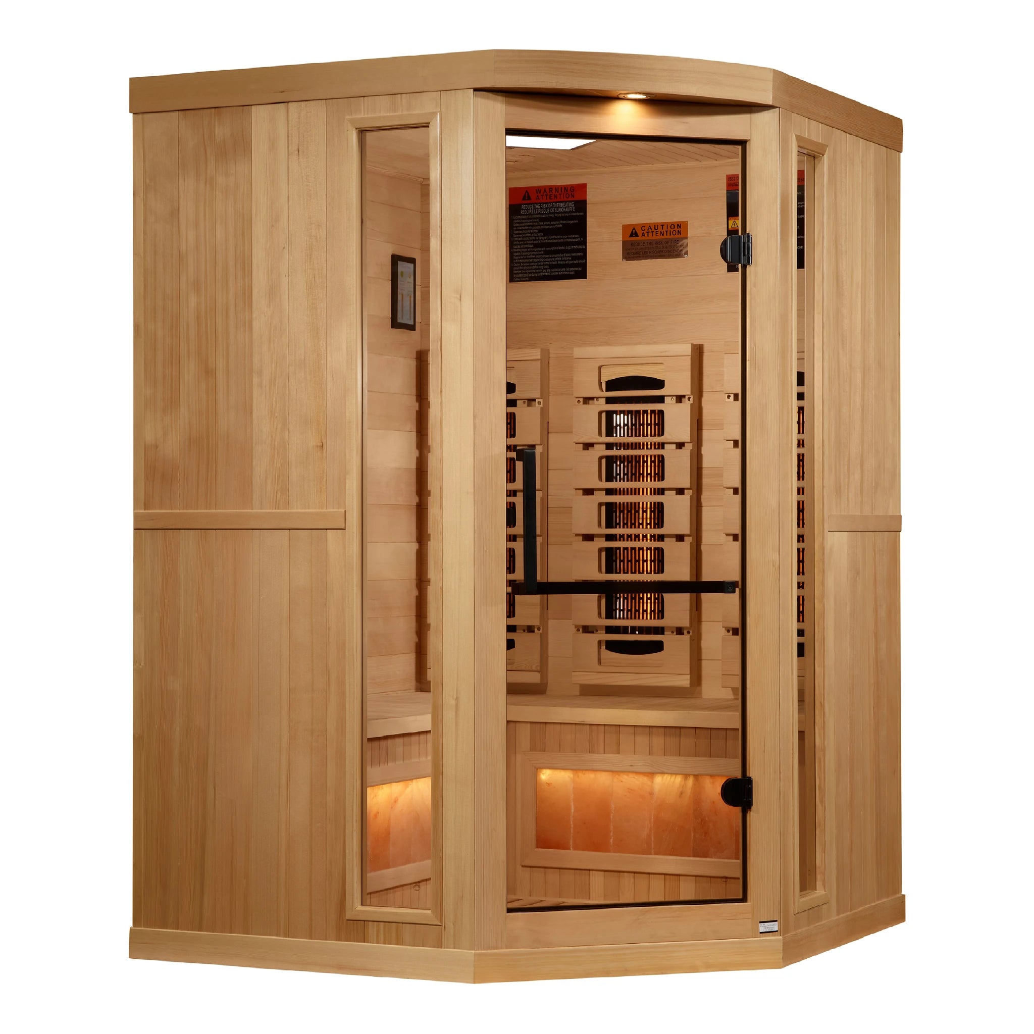 Golden Designs 2025 Reserve Edition full spectrum infrared corner model sauna with a 2 person capacity and built in Himalayan salt bar