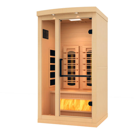Golden Designs 2025 Reserve Edition full spectrum infrared sauna with a 1 person capacity and built in himalayan salt bar