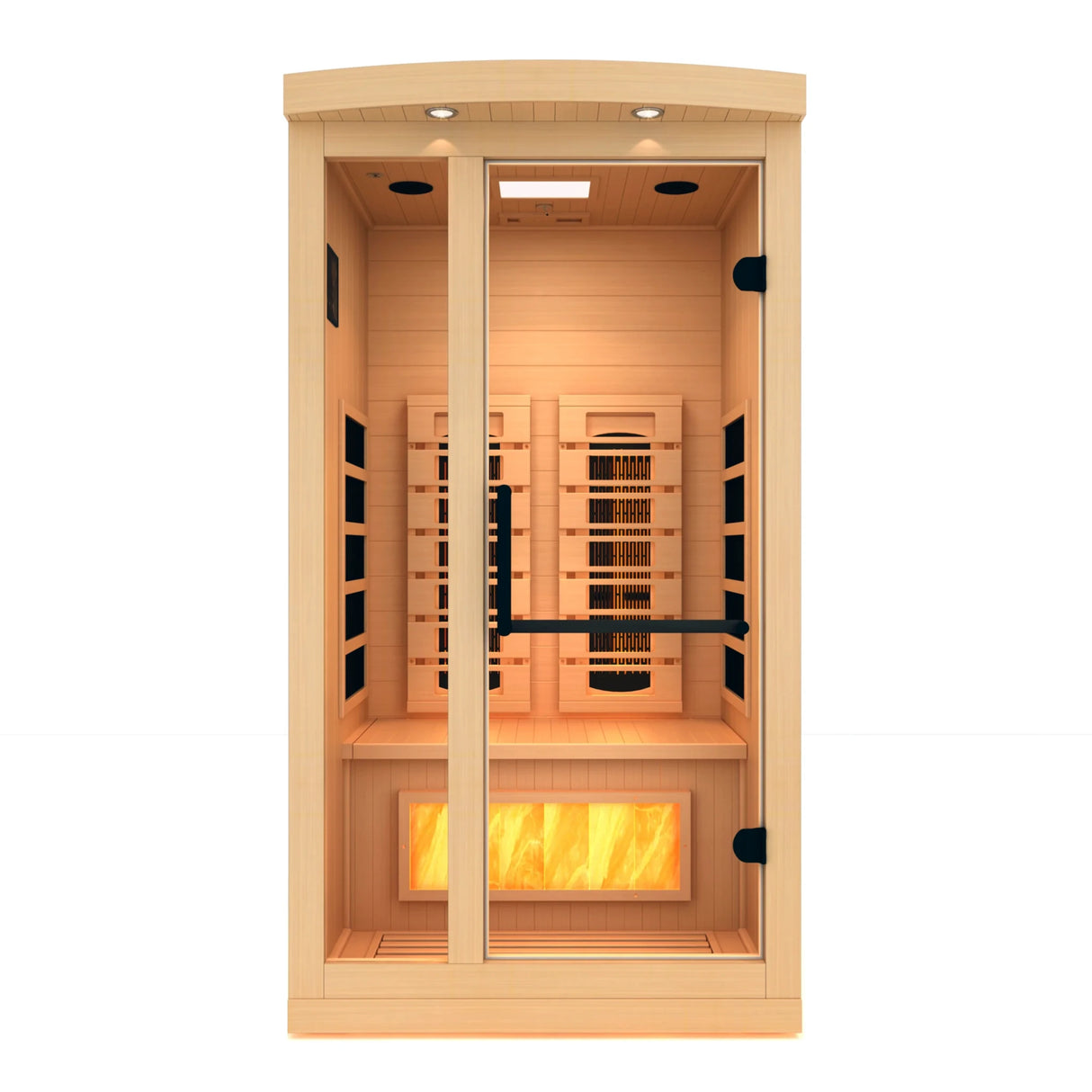Golden Designs 2025 Reserve Edition full spectrum infrared sauna with a 1 person capacity and built in himalayan salt bar