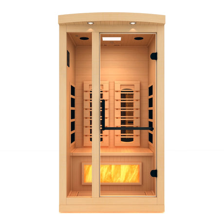Golden Designs 2025 Reserve Edition full spectrum infrared sauna with a 1 person capacity and built in himalayan salt bar