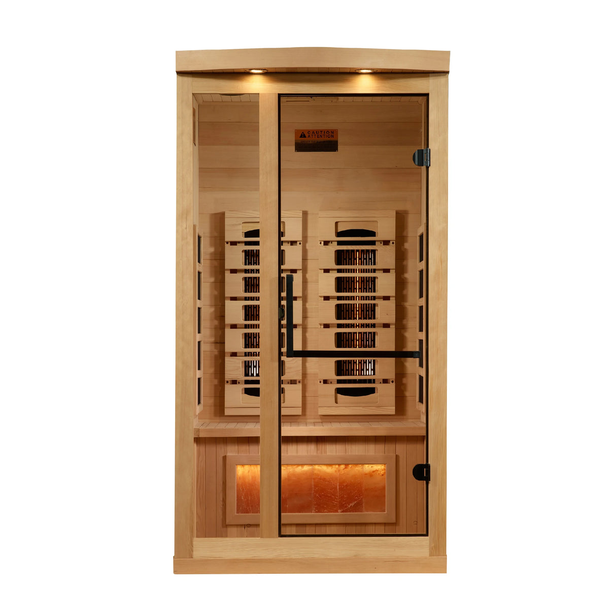 Golden Designs 2025 Reserve Edition full spectrum infrared sauna with a 1 person capacity and built in Himalayan salt bar