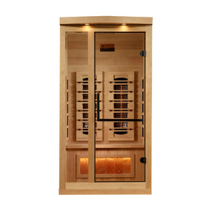 Golden Designs 2025 Reserve Edition full spectrum infrared sauna with a 1 person capacity and built in Himalayan salt bar