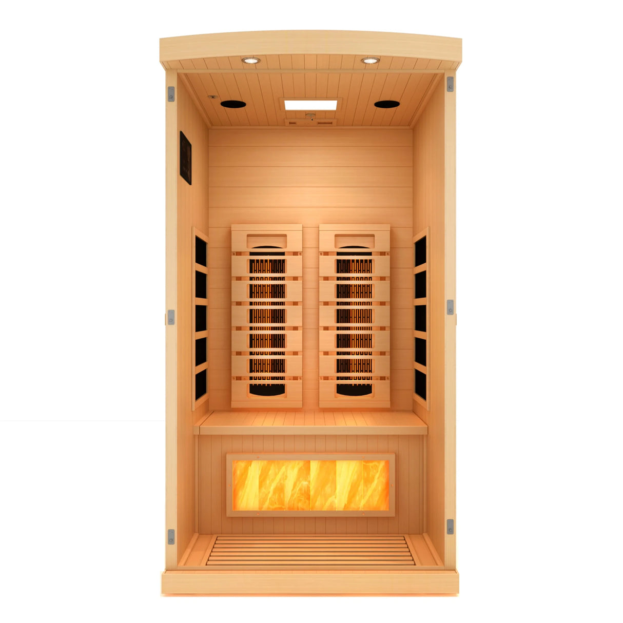 Golden Designs 2025 Reserve Edition full spectrum infrared sauna with a 1 person capacity and built in himalayan salt bar