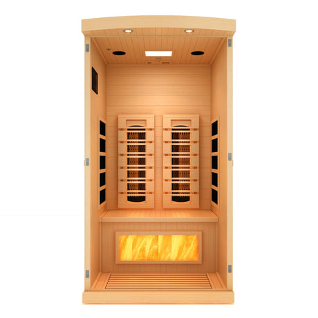 Golden Designs 2025 Reserve Edition full spectrum infrared sauna with a 1 person capacity and built in himalayan salt bar