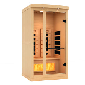 Golden Designs 2025 Reserve Edition full spectrum infrared sauna with a 1 person capacity and built in himalayan salt bar