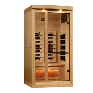Golden Designs 2025 Reserve Edition full spectrum infrared sauna with a 1 person capacity and built in Himalayan salt bar