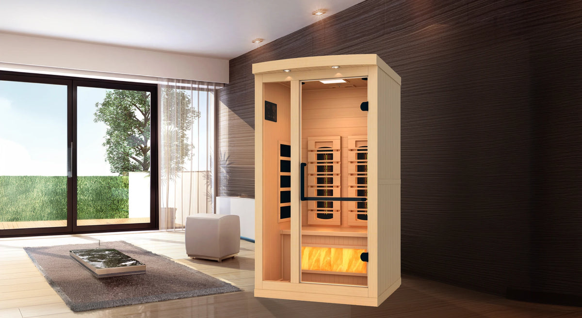 Golden Designs 2025 Reserve Edition full spectrum infrared sauna with a 1 person capacity and built in himalayan salt bar inside of a living room