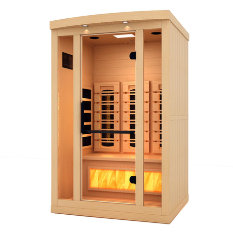 Golden Designs 2025 Reserve Edition full spectrum infrared sauna with a 2 person capacity and built in himalayan salt bar