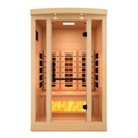 Golden Designs 2025 Reserve Edition full spectrum infrared sauna with a 2 person capacity and built in himalayan salt bar