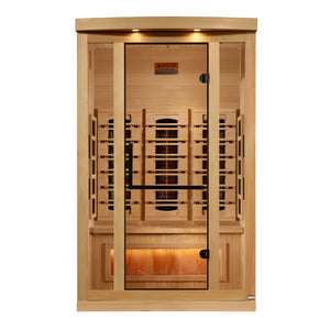 Golden Designs 2025 Reserve Edition full spectrum infrared sauna with a 2 person capacity and built in Himalayan salt bar