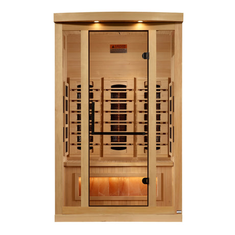Golden Designs 2025 Reserve Edition full spectrum infrared sauna with a 2 person capacity and built in Himalayan salt bar
