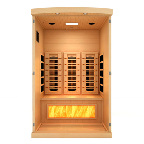 Golden Designs 2025 Reserve Edition full spectrum infrared sauna with a 2 person capacity and built in himalayan salt bar