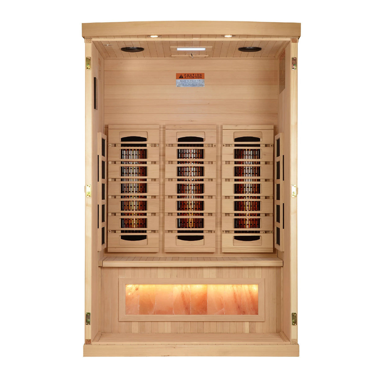 Golden Designs 2025 Reserve Edition full spectrum infrared sauna with a 2 person capacity and built in Himalayan salt bar