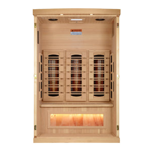 Golden Designs 2025 Reserve Edition full spectrum infrared sauna with a 2 person capacity and built in Himalayan salt bar