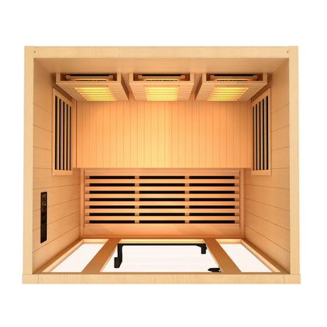 Golden Designs 2025 Reserve Edition full spectrum infrared sauna with a 2 person capacity and built in himalayan salt bar
