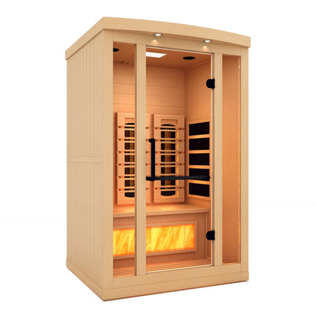 Golden Designs 2025 Reserve Edition full spectrum infrared sauna with a 2 person capacity and built in himalayan salt bar