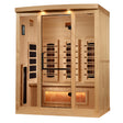 Golden Designs 2025 Reserve Edition full spectrum infrared corner model sauna with a 3 person capacity and built in Himalayan salt bar