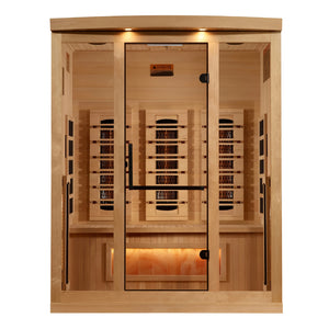 Golden Designs 2025 Reserve Edition full spectrum infrared corner model sauna with a 3 person capacity and built in Himalayan salt bar
