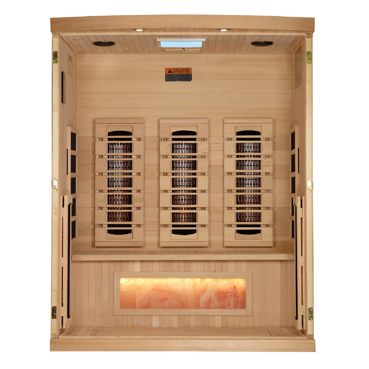 Golden Designs 2025 Reserve Edition full spectrum infrared corner model sauna with a 3 person capacity and built in Himalayan salt bar