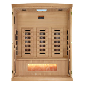 Golden Designs 2025 Reserve Edition full spectrum infrared corner model sauna with a 3 person capacity and built in Himalayan salt bar