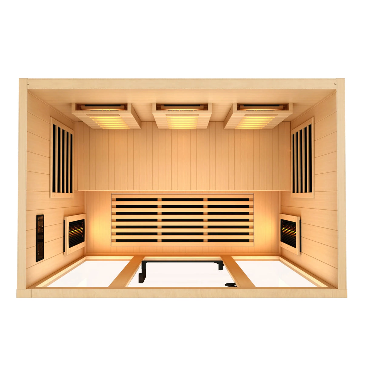 Golden Designs 2025 Reserve Edition full spectrum infrared corner model sauna with a 3 person capacity and built in himalayan salt bar
