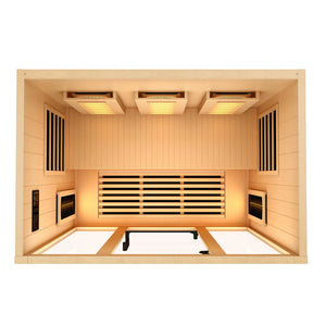 Golden Designs 2025 Reserve Edition full spectrum infrared corner model sauna with a 3 person capacity and built in himalayan salt bar