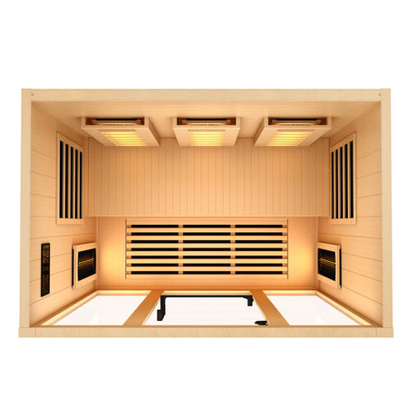 Golden Designs 2025 Reserve Edition full spectrum infrared corner model sauna with a 3 person capacity and built in himalayan salt bar