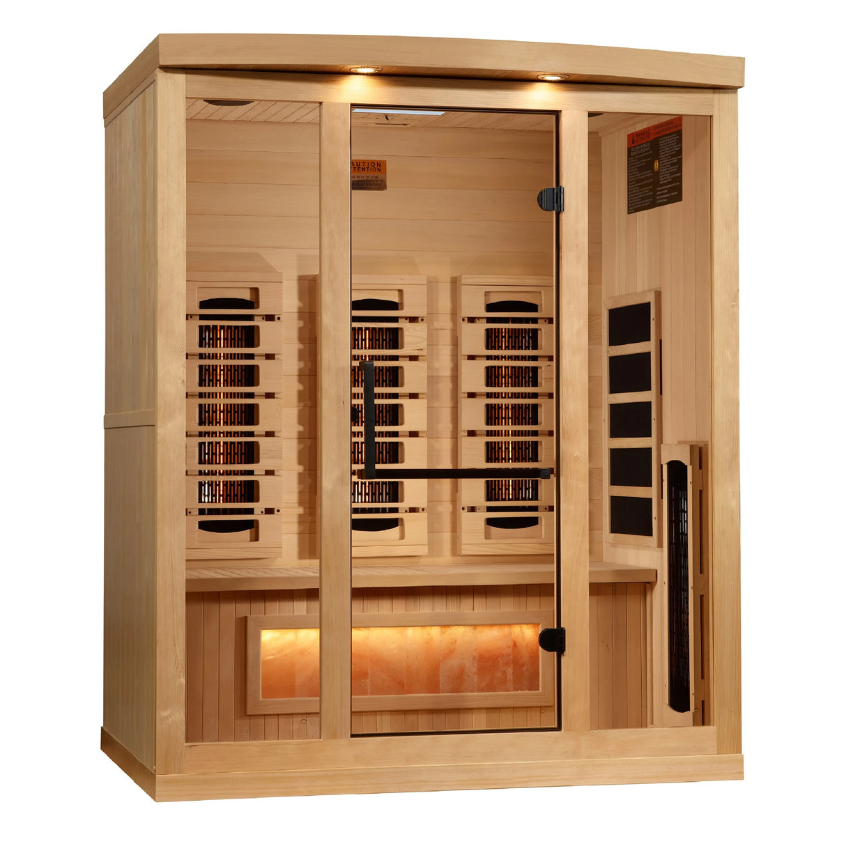 Golden Designs 2025 Reserve Edition full spectrum infrared corner model sauna with a 3 person capacity and built in Himalayan salt bar