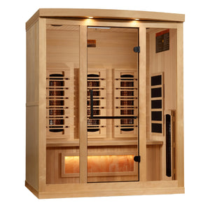 Golden Designs 2025 Reserve Edition full spectrum infrared corner model sauna with a 3 person capacity and built in Himalayan salt bar