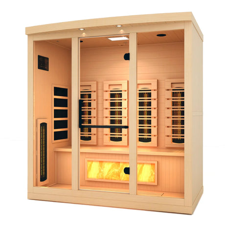 Golden Designs 2025 Reserve Edition full spectrum infrared corner model sauna with a 4 person capacity and built in himalayan salt bar