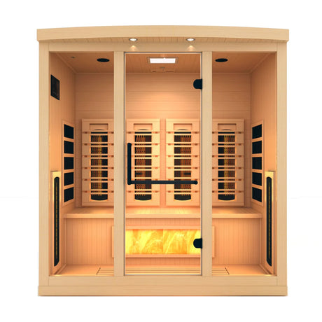 Golden Designs 2025 Reserve Edition full spectrum infrared corner model sauna with a 4 person capacity and built in himalayan salt bar