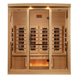 Golden Designs 2025 Reserve Edition full spectrum infrared corner model sauna with a 4 person capacity and built in Himalayan salt bar