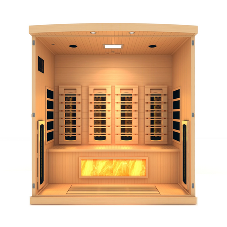 Golden Designs 2025 Reserve Edition full spectrum infrared corner model sauna with a 4 person capacity and built in himalayan salt bar