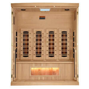 Golden Designs 2025 Reserve Edition full spectrum infrared corner model sauna with a 4 person capacity and built in Himalayan salt bar