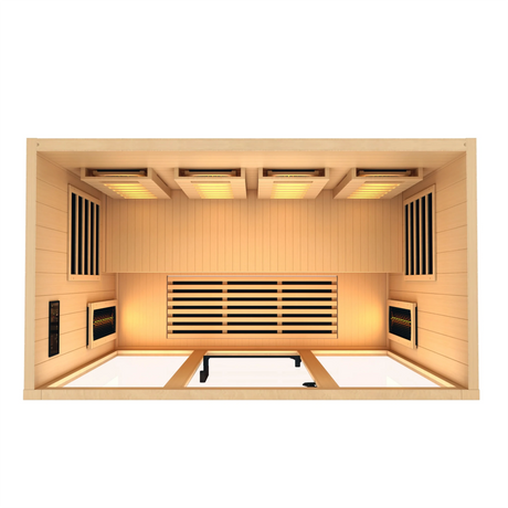 Golden Designs 2025 Reserve Edition full spectrum infrared corner model sauna with a 4 person capacity and built in himalayan salt bar