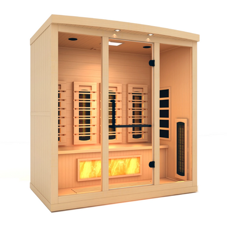 Golden Designs 2025 Reserve Edition full spectrum infrared corner model sauna with a 4 person capacity and built in himalayan salt bar