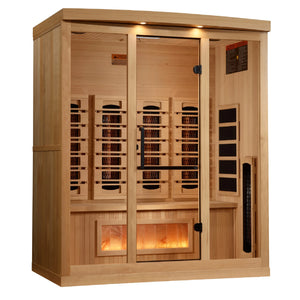 Golden Designs 2025 Reserve Edition full spectrum infrared corner model sauna with a 4 person capacity and built in Himalayan salt bar