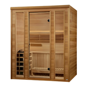 Golden Designs Andermatt model sauna with a 3 person capacity constructed from Pacific cedar wood inside and out