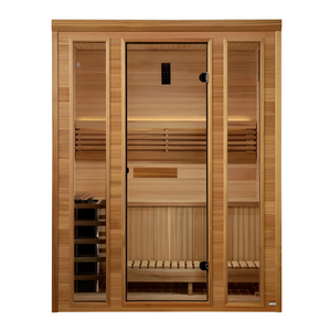 Golden Designs Andermatt model sauna with a 3 person capacity constructed from Pacific cedar wood inside and out