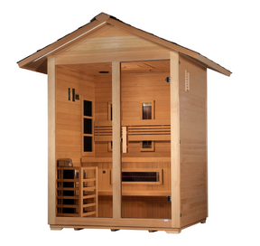 Golden Designs Carinthia model hybrid full spectrum infrared traditional steam sauna built for outdoor use with a 3 person capacity and a gabled roof which is constructed from Canadian hemlock wood