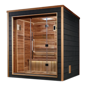 Drammen model sauna with a 3 person capacity made from Canadian red cedar on the interior and dark all weather composite on the exterior built for outdoor use