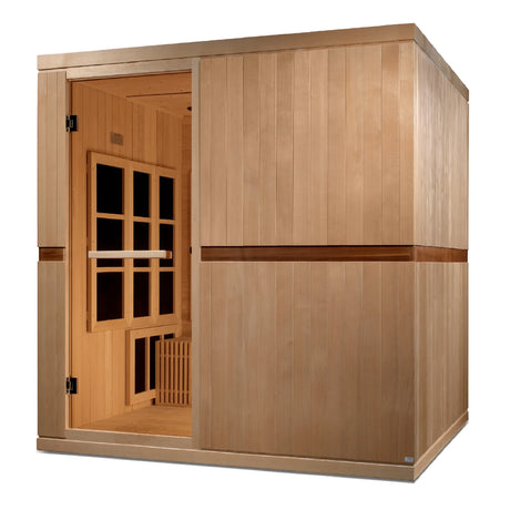 Golden Designs Catalonia model FAR infrared sauna with 23 heat panels and an 8 person capacity constructed from natural Canadian hemlock wood